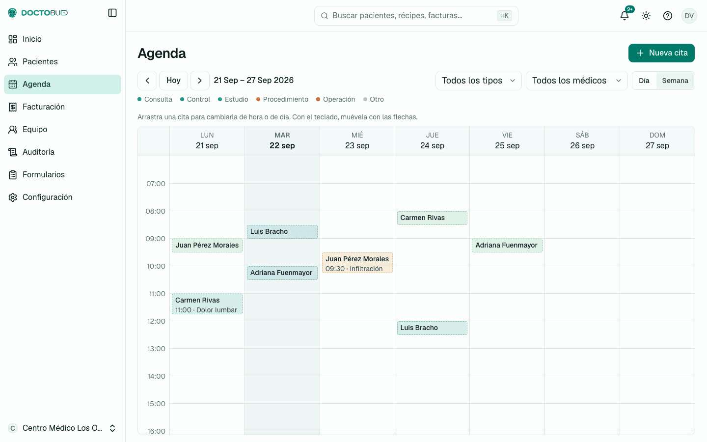 La agenda de la semana, con las citas por médico y por color de categoría